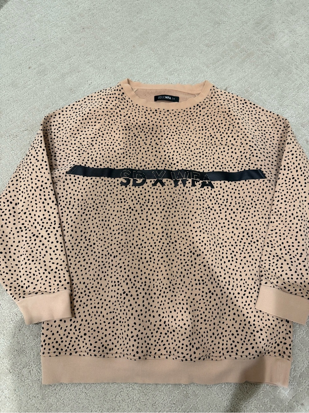 White Fox Boutique Peach Crew Pullover with Black Graphic